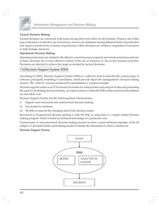452
Information Management and Decision Making
Tactical Decision Making
Tactical decisions are concerned with issues having short-term effect on the business. Primary aim of this
type of decision is to effective use of resources, remove any imbalance among different factors of production
and improve productivity of factors of production. Often decisions are related to acquisition of resources
to help strategic decisions.
Operational Decision Making
Operational decisions are related to the effective use of resources acquired out of tactical decisions and aim
of these decisions are to have effective control of the use of resources in day-to-day business activities.
Decisions are directed to achieve the target as decided by tactical decisions.
7.12Decision Support System (DSS)
According to CIMA, Decision Support System (DSS) is a collective term to describe the various types of
software, principally modelling or simulation, which provide input into management’s decision making
process. The ‘what if?’ analysis produced by spreadsheets is a typical example.
Decision support system is an IT tool based on models for interpretation and analysis of data and presenting
the same for facilitating decision making. An expert system is within the DSS so that unstructured problems
are also taken care.
Decision Support System has the following three characteristics:
i) Support semi-structured and unstructured decision making
ii) Use model for solutions
iii) Flexible to respond the changing need of the decision maker
Structured or Programmed decision making is with the help of using data in a simple related decision
making program which is based on technical knowledge on a particular area.
Unstructured or semi-structured decision making process involves a great technical expertise of the all
subjects of all related fields and building model to handle the information to derive solution set.
Decision Support System
 