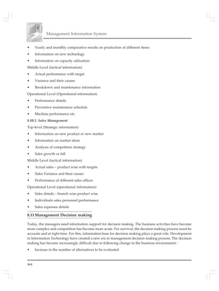 464
Management Information System
• Yearly and monthly comparative results on production of different items
• Information on new technology
• Information on capacity utilization
Middle Level (tactical information)
• Actual performance with target
• Variance and their causes
• Breakdown and maintenance information
Operational Level (Operational information)
• Performance details
• Preventive maintenance schedule
• Machine performance etc.
8.10.3. Sales Management
Top-level (Strategic information)
• Information on new product or new market
• Information on market share
• Analysis of competitors strategy
• Sales growth or fall
Middle Level (tactical information)
• Actual sales – product wise with targets
• Sales Variance and their causes
• Performance of different sales offices
Operational Level (operational information)
• Sales details – branch wise product wise
• Individuals sales personnel performance
• Sales expenses details
8.11Management Decision making
Today, the managers need information support for decision making. The business activities have become
more complex and competition has become more acute. For survival, the decision making process must be
accurate and at right time. For this, information base for decision making plays a great role. Development
in Information Technology have created a new era in management decision making process. The decision
making has become increasingly difficult due to following change in the business environment :
• Increase in the number of alternatives to be evaluated
 
