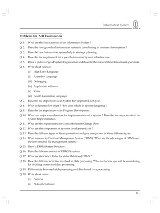 Information System
511
Problems for Self Examination
Q. 1. What are the characteristics of an Information System ?
Q. 2. Describe how growth of information system is contributing to business development ?
Q. 3. Describe how information system help in strategic planning.
Q. 4. Describe the requirement for a good Information System Infrastructure.
Q. 5. Draw a picture of good System Organisation and describe the role of different functional specialists.
Q. 6. Write short notes on
(i) High Level Language
(ii) Assembly Language
(iii) Debugging
(iv) Application software
(v) Virus
(vi) Fourth Generation Language
Q. 7. Describe the steps involved in System Development Life Cycle.
Q. 8. What is Systems flow chart ? How does it help in system designing ?
Q. 9. Describe the steps involved in Program Development.
Q. 10. What are major consideration for implementation of a system ? Describe the steps involved in
System Implementation.
Q. 11. What are the requirements for a smooth System Change Over.
Q. 12. What are the components of systems development cost ?
Q. 13. Describe different types of file organisations and give comparison of these different types.
Q. 14. What is meant by Database Management System (DBMS) ? What are the advantages of DBMS over
the conventional file management system ?
Q. 15. Draw a DBMS System Structure .
Q. 16. Describe different models of DBMS Structure.
Q. 17. What are the Code’s Rules for stable Relational DBMS ?
Q. 18. Describe different activities involved in Data processing. What are factors you will be considering
for deciding on mode of data processing.
Q. 19. Differentiate between batch processing and distributed data processing.
Q. 20. Write short notes :
(i) Protocol
(ii) Network Software
 