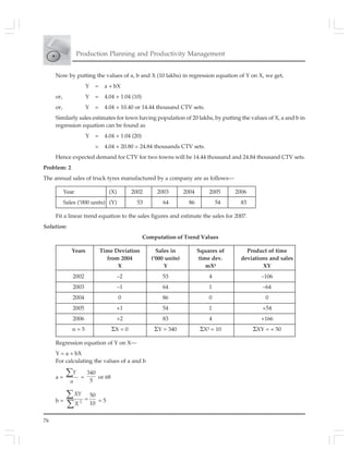 76
Production Planning and Productivity Management
Now by putting the values of a, b and X (10 lakhs) in regression equation of Y on X, we get,
Y = a + bX
or, Y = 4.04 + 1.04 (10)
or, Y = 4.04 + 10.40 or 14.44 thousand CTV sets.
Similarly sales estimates for town having population of 20 lakhs, by putting the values of X, a and b in
regression equation can be found as
Y = 4.04 + 1.04 (20)
= 4.04 + 20.80 = 24.84 thousands CTV sets.
Hence expected demand for CTV for two towns will be 14.44 thousand and 24.84 thousand CTV sets.
Problem: 2
The annual sales of truck tyres manufactured by a company are as follows—
Year (X) 2002 2003 2004 2005 2006
Sales (‘000 units) (Y) 53 64 86 54 83
Fit a linear trend equation to the sales figures and estimate the sales for 2007.
Solution:
Computation of Trend Values
Years Time Deviation Sales in Squares of Product of time
from 2004 (‘000 units) time dev. deviations and sales
X Y mX² XY
2002 –2 53 4 –106
2003 –1 64 1 –64
2004 0 86 0 0
2005 +1 54 1 +54
2006 +2 83 4 +166
n = 5 ΣX = 0 ΣY = 340 ΣX² = 10 ΣXY = + 50
Regression equation of Y on X—
Y = a + bX
For calculating the values of a and b
a =
∑Y
n
=
340
5
or 68
b = 2
50
10
=
∑
∑
XY
X
= 5
 