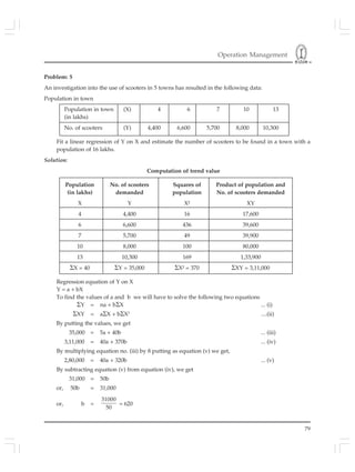 Operation Management
79
Problem: 5
An investigation into the use of scooters in 5 towns has resulted in the following data:
Population in town
Population in town (X) 4 6 7 10 13
(in lakhs)
No. of scooters (Y) 4,400 6,600 5,700 8,000 10,300
Fit a linear regression of Y on X and estimate the number of scooters to be found in a town with a
population of 16 lakhs.
Solution:
Computation of trend value
Population No. of scooters Squares of Product of population and
(in lakhs) demanded population No. of scooters demanded
X Y X² XY
4 4,400 16 17,600
6 6,600 436 39,600
7 5,700 49 39,900
10 8,000 100 80,000
13 10,300 169 1,33,900
ΣX = 40 ΣY = 35,000 ΣX² = 370 ΣXY = 3,11,000
Regression equation of Y on X
Y = a + bX
To find the values of a and b we will have to solve the following two equations
ΣY = na + bΣX ... (i)
ΣXY = aΣX + bΣX2
....(ii)
By putting the values, we get
35,000 = 5a + 40b ... (iii)
3,11,000 = 40a + 370b ... (iv)
By multiplying equation no. (iii) by 8 putting as equation (v) we get,
2,80,000 = 40a + 320b ... (v)
By subtracting equation (v) from equation (iv), we get
31,000 = 50b
or, 50b = 31,000
or, b =
31000
50
= 620
 