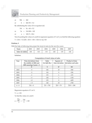 84
Production Planning and Productivity Management
or 50b = 260
or b = 260/50 = 5.2
By substituting the value of b in equation (iii)
310 = 5a + 40 × 5.2
or 5a = 310-208 = 102
or a = 102/5 = 20.4
Now by putting the values of a and b in regression equation of Y on X, we find the following equation:
Y = 20.4 + 5.2 (20) = 20.4 + 104 = 124.4 or say 124
Problem: 9
With the help of following data project the trend of sales for the next five years:
Years 2002 2003 2004 2005 2006 2007
Sales (in lakhs) 100 110 115 120 135 140
Solution:
Computation of trend values of sales
Year Time deviations from Sales Squares of Product of time
the middle of 2004 and (in lakh Rs.) time deviation deviation and sales
2005 assuring 5 years = 1
X Y X2
XY
2002 -5 100 25 -500
2003 -3 110 9 -330
2004 -1 115 1 -115
2005 +1 120 1 +120
2006 +3 135 9 +405
2007 + 5 140 25 +700
n = 6 ΣX = 0 ΣY = 720 ΣX² = 70 ΣXY = 280
Regression equation of Y on X:
Y = a + bX
To find the values of a and b
a =
∑Y
n
=
720
6
= 120
 