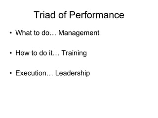 Triad of Performance
• What to do… Management
• How to do it… Training
• Execution… Leadership
 