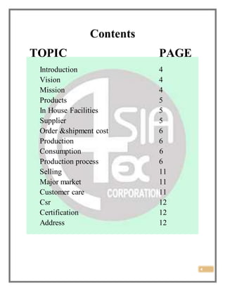 4
Contents
TOPIC PAGE
Introduction 4
Vision 4
Mission 4
Products 5
In House Facilities 5
Supplier 5
Order &shipment cost 6
Production 6
Consumption 6
Production process 6
Selling 11
Major market 11
Customer care 11
Csr 12
Certification 12
Address 12
 