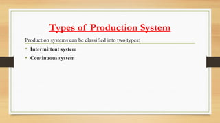 Types of Production System
Production systems can be classified into two types:
• Intermittent system
• Continuous system
 