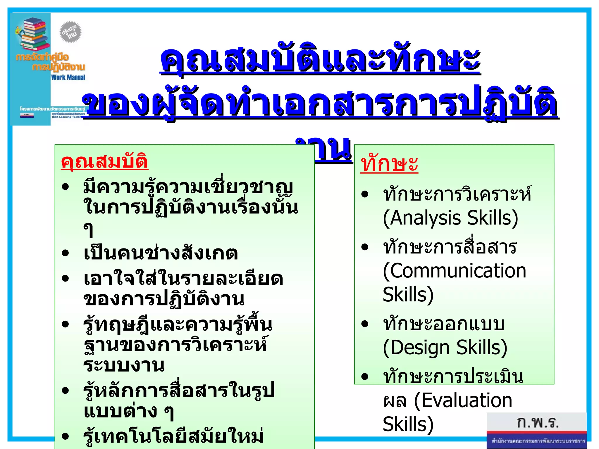 คุณสมบัติและทักษะ ของผู้จัดทำเอกสารการปฏิบัติงาน คุณสมบัติ มีความรู้ความเชี่ยวชาญในการปฏิบัติงานเรื่องนั้น ๆ เป็นคนช่างสังเกต เอาใจใส่ในรายละเอียดของการปฏิบัติงาน รู้ทฤษฎีและความรู้พื้นฐานของการวิเคราะห์ระบบงาน รู้หลักการสื่อสารในรูปแบบต่าง ๆ  รู้เทคโนโลยีสมัยใหม่  ทักษะ ทักษะการวิเคราะห์  (Analysis Skills) ทักษะการสื่อสาร   (Communication Skills) ทักษะออกแบบ  (Design Skills) ทักษะการประเมินผล  (Evaluation Skills) 
