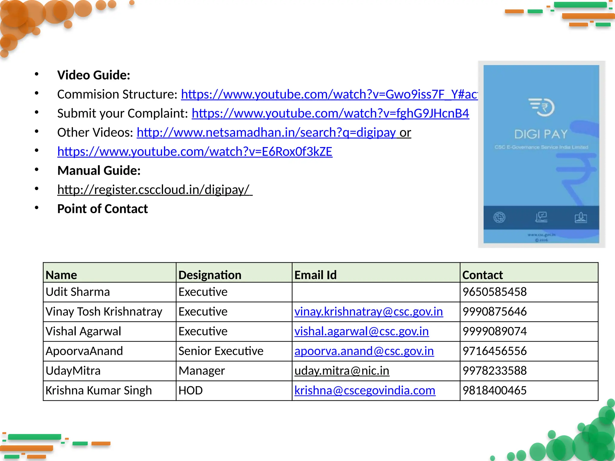 • Video Guide:
• Commision Structure: https://www.youtube.com/watch?v=Gwo9iss7F_Y#action=share
• Submit your Complaint: https://www.youtube.com/watch?v=fghG9JHcnB4
• Other Videos: http://www.netsamadhan.in/search?q=digipay or
• https://www.youtube.com/watch?v=E6Rox0f3kZE
• Manual Guide:
• http://register.csccloud.in/digipay/
• Point of Contact
Name Designation Email Id Contact
Udit Sharma Executive 9650585458
Vinay Tosh Krishnatray Executive vinay.krishnatray@csc.gov.in 9990875646
Vishal Agarwal Executive vishal.agarwal@csc.gov.in 9999089074
ApoorvaAnand Senior Executive apoorva.anand@csc.gov.in 9716456556
UdayMitra Manager uday.mitra@nic.in 9978233588
Krishna Kumar Singh HOD krishna@cscegovindia.com 9818400465
 