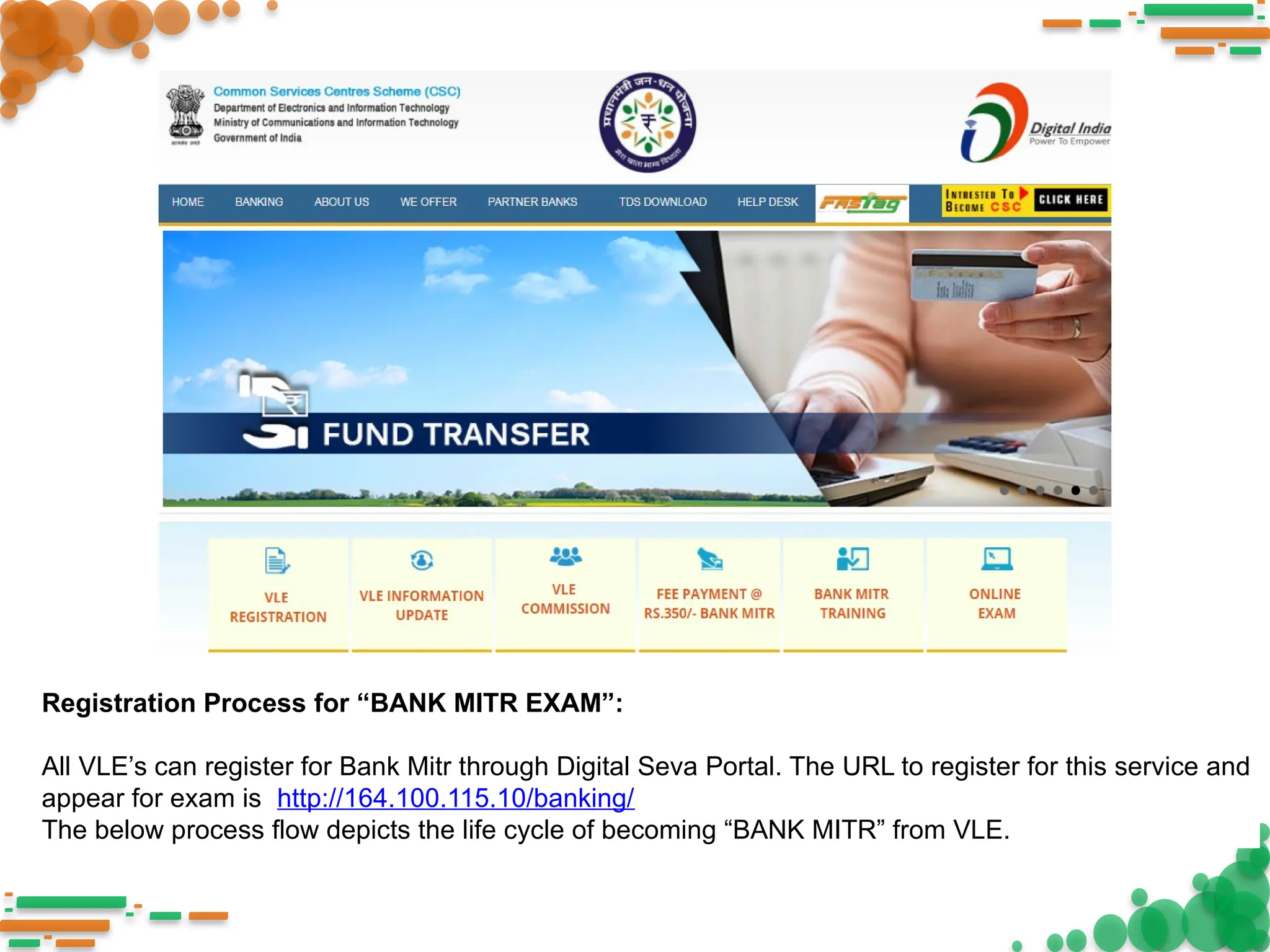 Registration Process for “BANK MITR EXAM”:
All VLE’s can register for Bank Mitr through Digital Seva Portal. The URL to register for this service and
appear for exam is http://164.100.115.10/banking/
The below process flow depicts the life cycle of becoming “BANK MITR” from VLE.
 