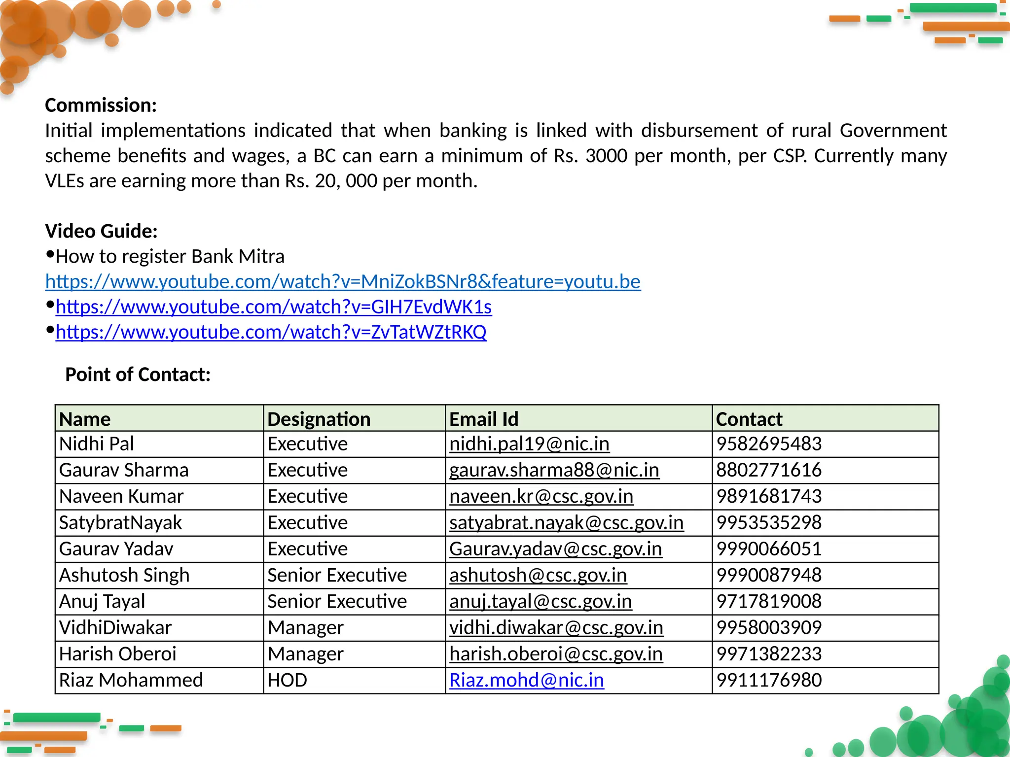 Commission:
Initial implementations indicated that when banking is linked with disbursement of rural Government
scheme benefits and wages, a BC can earn a minimum of Rs. 3000 per month, per CSP. Currently many
VLEs are earning more than Rs. 20, 000 per month.
Video Guide:
•How to register Bank Mitra
https://www.youtube.com/watch?v=MniZokBSNr8&feature=youtu.be
•https://www.youtube.com/watch?v=GIH7EvdWK1s
•https://www.youtube.com/watch?v=ZvTatWZtRKQ
Name Designation Email Id Contact
Nidhi Pal Executive nidhi.pal19@nic.in 9582695483
Gaurav Sharma Executive gaurav.sharma88@nic.in 8802771616
Naveen Kumar Executive naveen.kr@csc.gov.in 9891681743
SatybratNayak Executive satyabrat.nayak@csc.gov.in 9953535298
Gaurav Yadav Executive Gaurav.yadav@csc.gov.in 9990066051
Ashutosh Singh Senior Executive ashutosh@csc.gov.in 9990087948
Anuj Tayal Senior Executive anuj.tayal@csc.gov.in 9717819008
VidhiDiwakar Manager vidhi.diwakar@csc.gov.in 9958003909
Harish Oberoi Manager harish.oberoi@csc.gov.in 9971382233
Riaz Mohammed HOD Riaz.mohd@nic.in 9911176980
Point of Contact:
 
