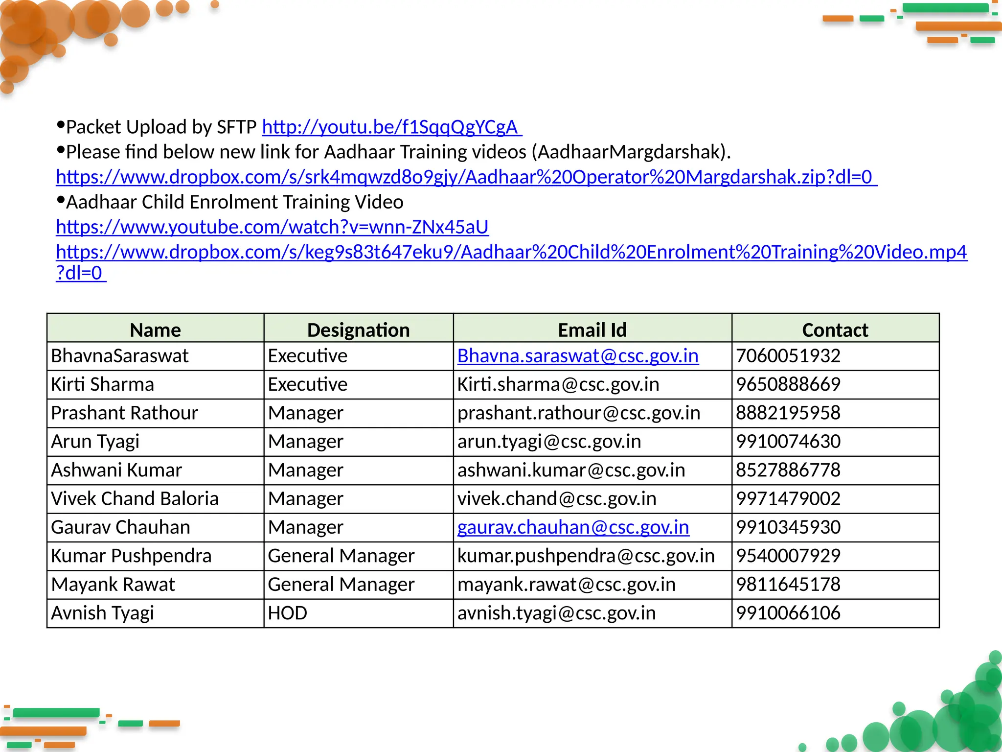 •Packet Upload by SFTP http://youtu.be/f1SqqQgYCgA
•Please find below new link for Aadhaar Training videos (AadhaarMargdarshak).
https://www.dropbox.com/s/srk4mqwzd8o9gjy/Aadhaar%20Operator%20Margdarshak.zip?dl=0
•Aadhaar Child Enrolment Training Video
https://www.youtube.com/watch?v=wnn-ZNx45aU
https://www.dropbox.com/s/keg9s83t647eku9/Aadhaar%20Child%20Enrolment%20Training%20Video.mp4
?dl=0
Name Designation Email Id Contact
BhavnaSaraswat Executive Bhavna.saraswat@csc.gov.in 7060051932
Kirti Sharma Executive Kirti.sharma@csc.gov.in 9650888669
Prashant Rathour Manager prashant.rathour@csc.gov.in 8882195958
Arun Tyagi Manager arun.tyagi@csc.gov.in 9910074630
Ashwani Kumar Manager ashwani.kumar@csc.gov.in 8527886778
Vivek Chand Baloria Manager vivek.chand@csc.gov.in 9971479002
Gaurav Chauhan Manager gaurav.chauhan@csc.gov.in 9910345930
Kumar Pushpendra General Manager kumar.pushpendra@csc.gov.in 9540007929
Mayank Rawat General Manager mayank.rawat@csc.gov.in 9811645178
Avnish Tyagi HOD avnish.tyagi@csc.gov.in 9910066106
 