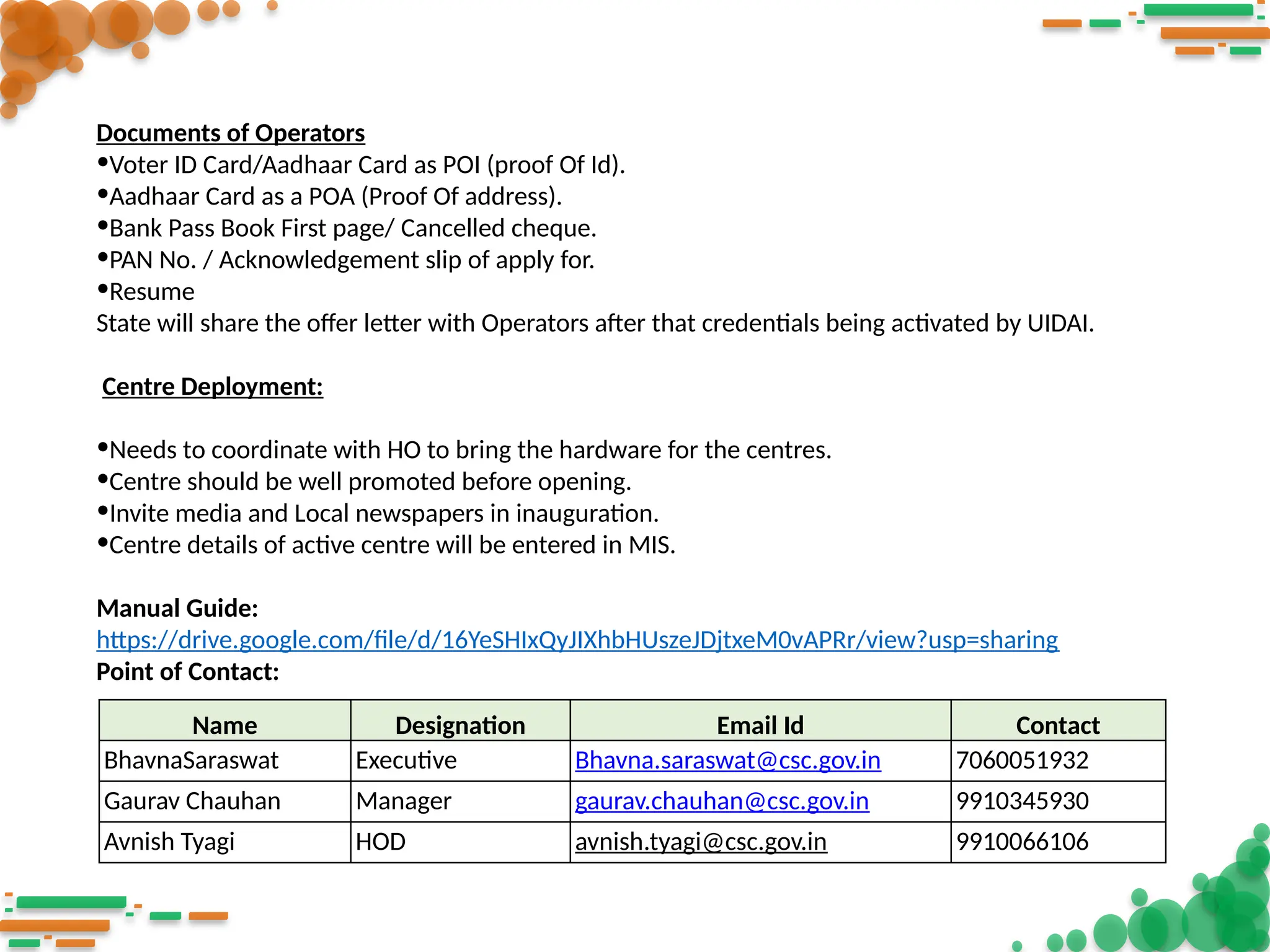 Documents of Operators
•Voter ID Card/Aadhaar Card as POI (proof Of Id).
•Aadhaar Card as a POA (Proof Of address).
•Bank Pass Book First page/ Cancelled cheque.
•PAN No. / Acknowledgement slip of apply for.
•Resume
State will share the offer letter with Operators after that credentials being activated by UIDAI.
Centre Deployment:
•Needs to coordinate with HO to bring the hardware for the centres.
•Centre should be well promoted before opening.
•Invite media and Local newspapers in inauguration.
•Centre details of active centre will be entered in MIS.
Manual Guide:
https://drive.google.com/file/d/16YeSHIxQyJIXhbHUszeJDjtxeM0vAPRr/view?usp=sharing
Point of Contact:
Name Designation Email Id Contact
BhavnaSaraswat Executive Bhavna.saraswat@csc.gov.in 7060051932
Gaurav Chauhan Manager gaurav.chauhan@csc.gov.in 9910345930
Avnish Tyagi HOD avnish.tyagi@csc.gov.in 9910066106
 