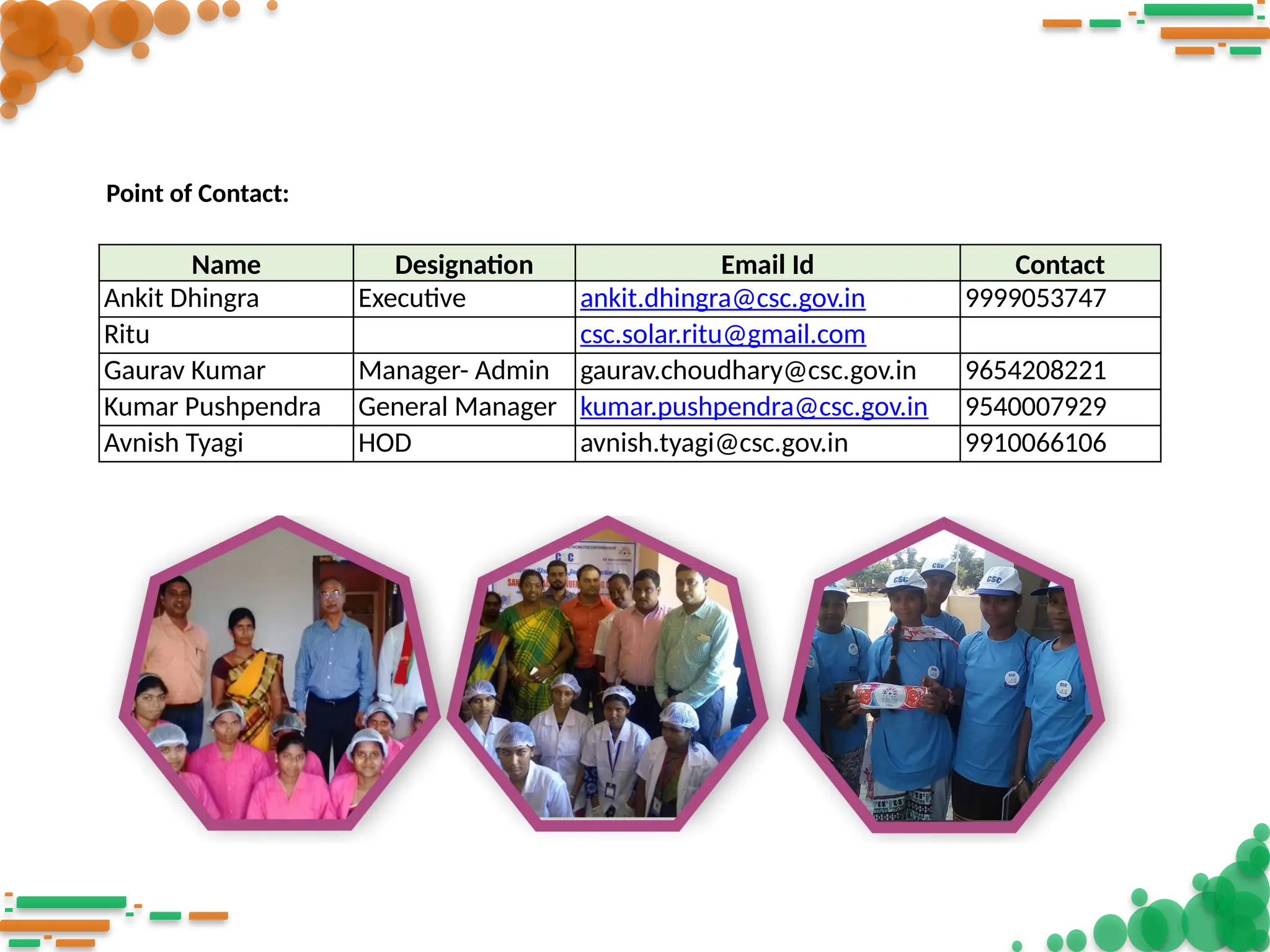Name Designation Email Id Contact
Ankit Dhingra Executive ankit.dhingra@csc.gov.in 9999053747
Ritu csc.solar.ritu@gmail.com
Gaurav Kumar Manager- Admin gaurav.choudhary@csc.gov.in 9654208221
Kumar Pushpendra General Manager kumar.pushpendra@csc.gov.in 9540007929
Avnish Tyagi HOD avnish.tyagi@csc.gov.in 9910066106
Point of Contact:
 