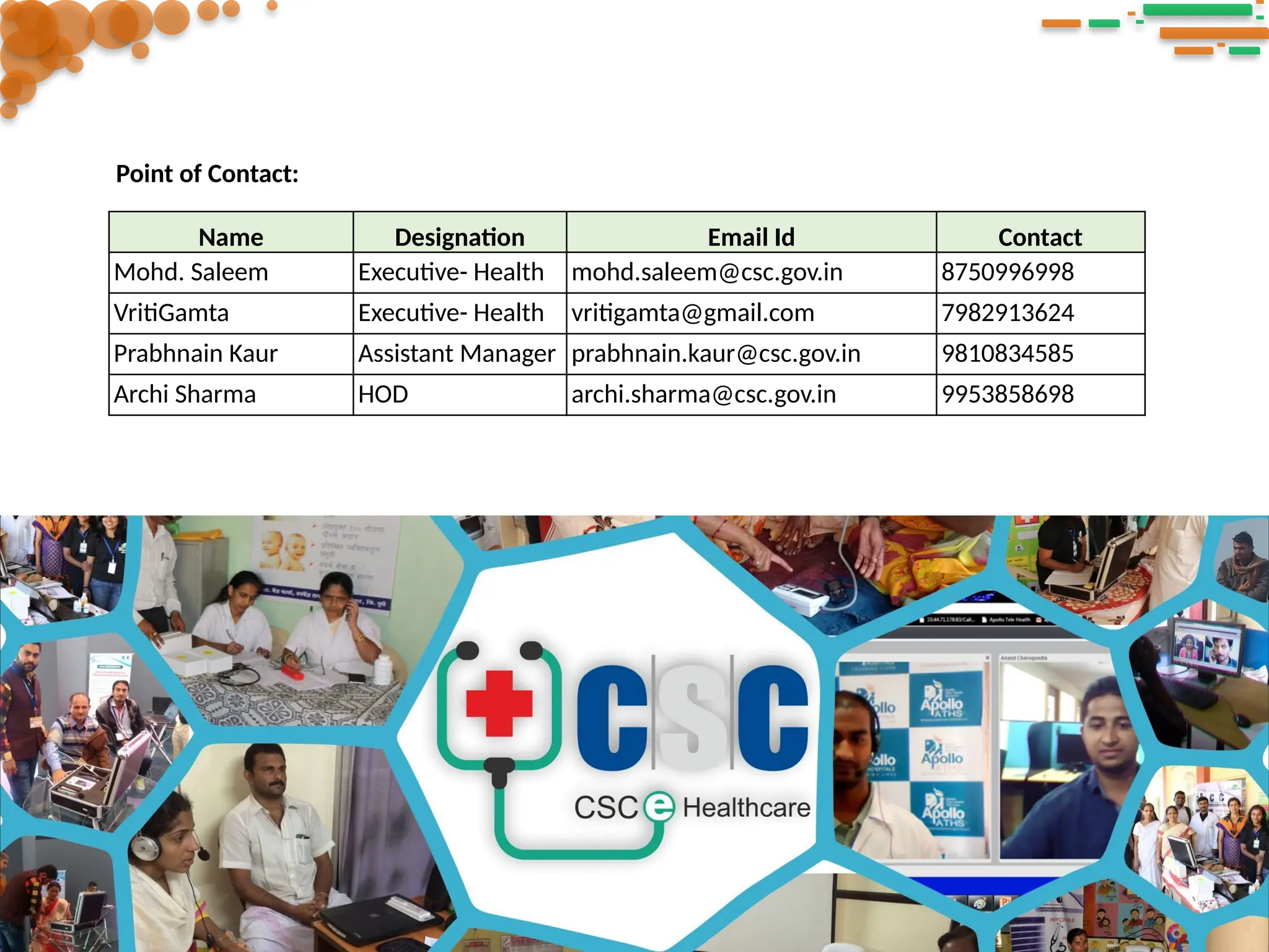 Name Designation Email Id Contact
Mohd. Saleem Executive- Health mohd.saleem@csc.gov.in 8750996998
VritiGamta Executive- Health vritigamta@gmail.com 7982913624
Prabhnain Kaur Assistant Manager prabhnain.kaur@csc.gov.in 9810834585
Archi Sharma HOD archi.sharma@csc.gov.in 9953858698
Point of Contact:
 