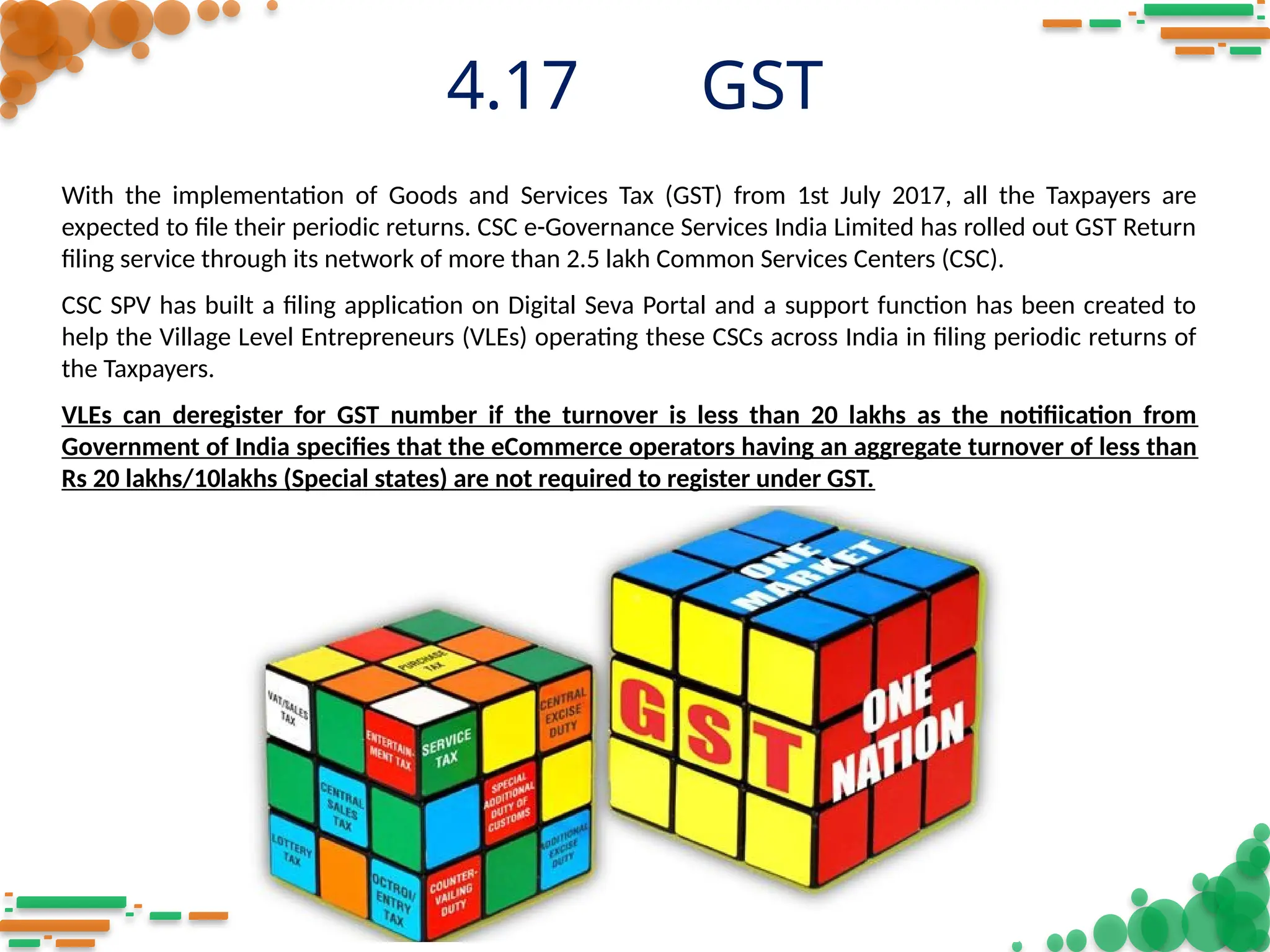 4.17 GST
With the implementation of Goods and Services Tax (GST) from 1st July 2017, all the Taxpayers are
expected to file their periodic returns. CSC e-Governance Services India Limited has rolled out GST Return
filing service through its network of more than 2.5 lakh Common Services Centers (CSC).
CSC SPV has built a filing application on Digital Seva Portal and a support function has been created to
help the Village Level Entrepreneurs (VLEs) operating these CSCs across India in filing periodic returns of
the Taxpayers.
VLEs can deregister for GST number if the turnover is less than 20 lakhs as the notifiication from
Government of India specifies that the eCommerce operators having an aggregate turnover of less than
Rs 20 lakhs/10lakhs (Special states) are not required to register under GST.
 