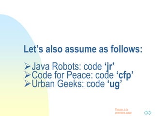 Passer à la
première page
Let’s also assume as follows:
Java Robots: code ‘jr’
Code for Peace: code ‘cfp’
Urban Geeks: code ‘ug’
 