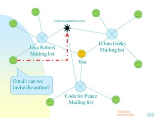 Passer à la
première page
Java Robots
Mailing list
Code for Peace
Mailing list
Urban Geeks
Mailing list
You
Email: can we
invite the author?
coders@atmailat.com
 