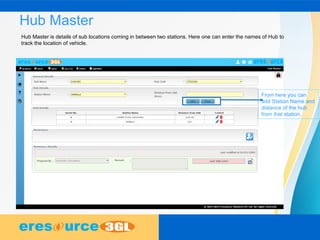 Hub Master
Hub Master is details of sub locations coming in between two stations. Here one can enter the names of Hub to
track the location of vehicle.
From here you can
add Station Name and
distance of the hub
from that station.
 