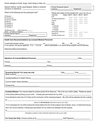 Known allergies to foods, drugs, insect stings or bites, etc.: __________________________________________________

Special medical, mental, psychological, dietary or physical                    Family Physician Name: _________________________
concerns or restrictions: __________________________                           Address:_________________ Telephone: ___________

Which of the following has the participant had?                                Please give dates of immunization for: (Attach Shot Record)
                                                                               Vaccine:             Dates: Mo/Yr Mo/Yr Mo/Yr Mo/Yr
  Measles                                                                      DTP                          ____ ____ ____ ____
  Chicken pox
                                                                               TD (tetanus/diphtheria)      ____ ____ ____ ____
  German measles
                                                                               Tetanus                      ____ ____ ____ ____
  Mumps
                                                                               Polio                        ____ ____ ____ ____
  Hepatitis A
                                                                               MMR                          ____ ____
  Hepatitis B
                                                                                or Measles                  ____ ____
  Hepatitis C
                                                                                or Mumps                    ____ ____
TB Mantoux Test     Date of last test________                                   or Rubella                  ____ ____
Result:  Positive   Negative                                                   Haemophilus influenza        ____ ____ ____ ____
Family Dentist Name: ____________________________                              Hepatitis B                  ____ ____ ____
Address:____________________Telephone:__________                               Varicella (chicken pox)      ____ ____ ____

Health Care Recommendations by Licensed Medical Personnel

I examined (camper name) _____________________ on _____________.            BP_____ Wt _____ Ht______
In my opinion, the above applicant is   is not   able to participate in an active camp program and all activities.

Restrictions/Recommendations:
___________________________________________________________________________________________________
___________________________________________________________________________________________________
___________________________________________________________________________________________________

Signature of Licensed Medical Personnel _______________________________________________Date____________

Printed__________________________________________Title_______________________________________________

Address_________________________________________Phone_____________________________________________



 Screening Record: For camp use only                             Date___________ Time_________
 Meds received____________________________________________________________________________________

 Updates/additions to Health History___________________________________________________________________

 Current Health needs identified_______________________________________________________________________

 Screened by____________________________


 Custody Release: You may be asked to produce photo ID at check-out. This is for your child’s safety. Please be aware
 of this policy before picking up your child. I hereby give permission for my child, _______________________________,
 to be allowed to leave the 4-H Camp at the conclusion of the camping program. My child will be released into the custody
 of _____________________________________________________________________________________________.
                                                (Names of All Individuals authorized to pick up your child)
  If it is necessary for my child to leave the Camp before the end of the program due to illness, injury, or behavioral issues,
 and I can not be reached, I hereby give permission for my child to be released into the custody
 of______________________________________________________________________________________________.
                                (Emergency contacts or other individuals authorized to pick up your child)



 For Camp Use Only: Camper picked up by _____________________________ Staff Signature__________________.
 