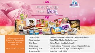 Stick-Regular Chocbar, Mini Choc, Badami Bar, Lolly-orange/lemon
Stick-Premium Mega,Malai, Mucho, Vanilla,Strawberry
Cup Range Mango Magic, Pista Kulfi,Nescafe’
Cone Range Cornelli Classic, Premimum, Corneil Belgiam Chocolate
Litre Family Pack Firni, Nawabi Mithai, Riple,Strawberry Sparkle
Icecream Cake Riple Cake 1 Ltr & 1.5 Ltr
An Ice cream can be a
best way of sharing taste
& emotion with our
loving one.
Which one Do you want?
 