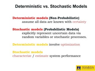 Deterministic vs. Stochastic Models
Deterministic models (Non-Probabilistic)
assume all data are known with certainty
Stochastic models (Probabilistic Models)
explicitly represent uncertain data via
random variables or stochastic processes.
Deterministic models involve optimization
Stochastic models
characterize / estimate system performance.
 