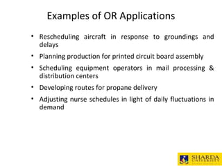 Examples of OR Applications
• Rescheduling aircraft in response to groundings and
delays
• Planning production for printed circuit board assembly
• Scheduling equipment operators in mail processing &
distribution centers
• Developing routes for propane delivery
• Adjusting nurse schedules in light of daily fluctuations in
demand
 