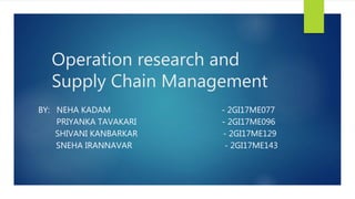 Operation research and
Supply Chain Management
BY: NEHA KADAM - 2GI17ME077
PRIYANKA TAVAKARI - 2GI17ME096
SHIVANI KANBARKAR - 2GI17ME129
SNEHA IRANNAVAR - 2GI17ME143
 