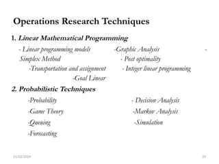 11/02/2024 29
Operations Research Techniques
1. Linear Mathematical Programming
- Linear programming models -Graphic Analysis -
Simplex Method - Post optimality
-Transportation and assignment - Integer linear programming
-Goal Linear
2. Probabilistic Techniques
-Probability - Decision Analysis
-Game Theory -Markov Analysis
-Queuing -Simulation
-Forecasting
 