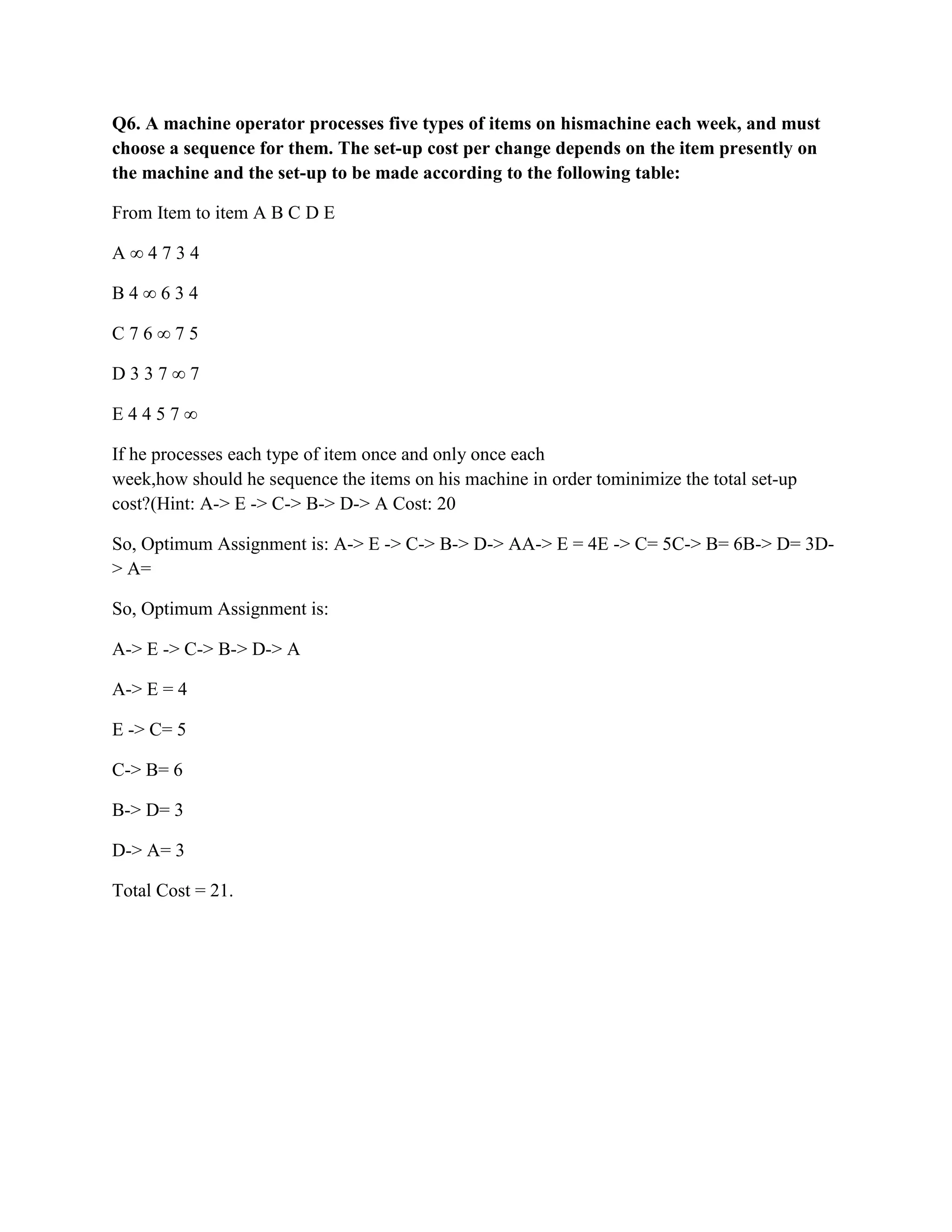 Q6. A machine operator processes five types of items on hismachine each week, and must
choose a sequence for them. The set-up cost per change depends on the item presently on
the machine and the set-up to be made according to the following table:

From Item to item A B C D E

A∞4734

B4∞634

C76∞75

D337∞7

E4457∞

If he processes each type of item once and only once each
week,how should he sequence the items on his machine in order tominimize the total set-up
cost?(Hint: A-> E -> C-> B-> D-> A Cost: 20

So, Optimum Assignment is: A-> E -> C-> B-> D-> AA-> E = 4E -> C= 5C-> B= 6B-> D= 3D-
> A=

So, Optimum Assignment is:

A-> E -> C-> B-> D-> A

A-> E = 4

E -> C= 5

C-> B= 6

B-> D= 3

D-> A= 3

Total Cost = 21.
 