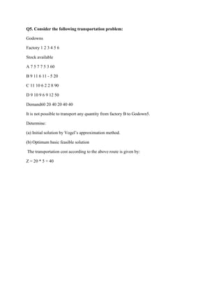 Q5. Consider the following transportation problem:

Godowns

Factory 1 2 3 4 5 6

Stock available

A 7 5 7 7 5 3 60

B 9 11 6 11 - 5 20

C 11 10 6 2 2 8 90

D 9 10 9 6 9 12 50

Demand60 20 40 20 40 40

It is not possible to transport any quantity from factory B to Godown5.

Determine:

(a) Initial solution by Vogel‟s approximation method.

(b) Optimum basic feasible solution

The transportation cost according to the above route is given by:

Z = 20 * 5 + 40
 