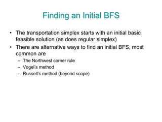 Finding an Initial BFS
• The transportation simplex starts with an initial basic
feasible solution (as does regular simplex)
• There are alternative ways to find an initial BFS, most
common are
– The Northwest corner rule
– Vogel’s method
– Russell’s method (beyond scope)
 