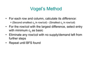 Vogel’s Method
• For each row and column, calculate its difference:
= (Second smallest cij in row/col) - (Smallest cij in row/col)
• For the row/col with the largest difference, select entry
with minimum cij as basic
• Eliminate any row/col with no supply/demand left from
further steps
• Repeat until BFS found
 