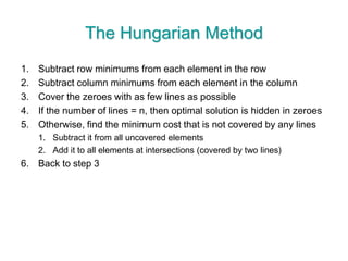 The Hungarian Method
1. Subtract row minimums from each element in the row
2. Subtract column minimums from each element in the column
3. Cover the zeroes with as few lines as possible
4. If the number of lines = n, then optimal solution is hidden in zeroes
5. Otherwise, find the minimum cost that is not covered by any lines
1. Subtract it from all uncovered elements
2. Add it to all elements at intersections (covered by two lines)
6. Back to step 3
 
