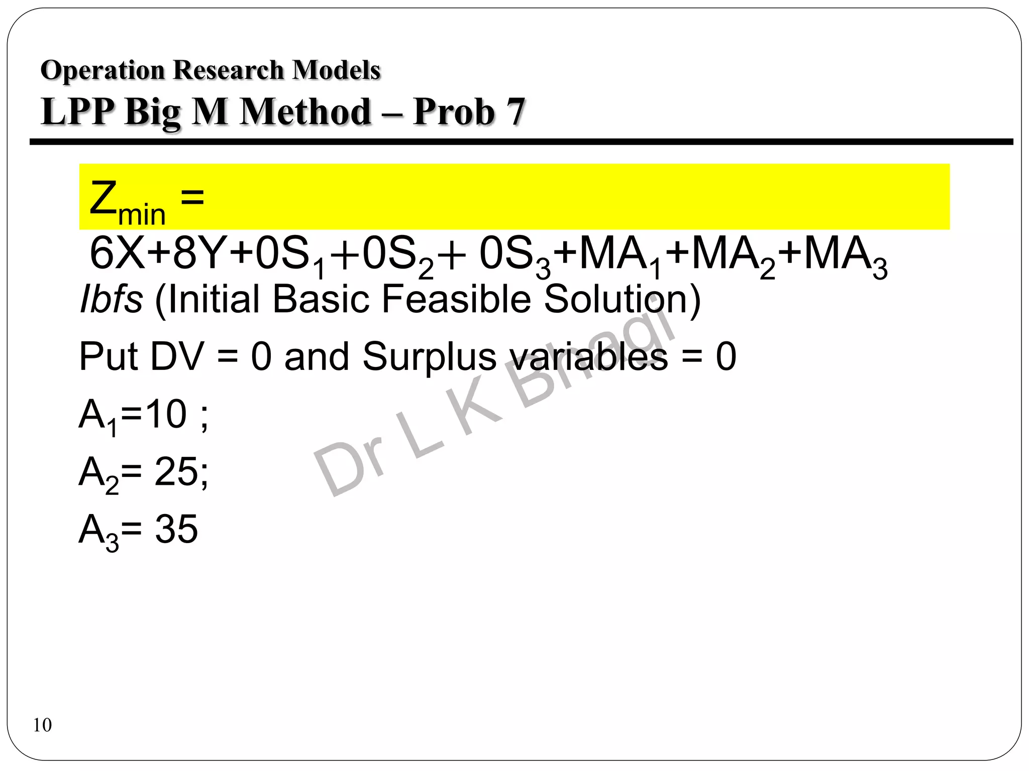 10
Operation Research Models
LPP Big M Method – Prob 7
Zmin =
6X+8Y+0S1+0S2+ 0S3+MA1+MA2+MA3
Ibfs (Initial Basic Feasible Solution)
Put DV = 0 and Surplus variables = 0
A1=10 ;
A2= 25;
A3= 35
 