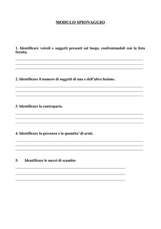 MODULO SPIONAGGIO
1. Identificare veicoli e soggetti presenti sul luogo, confrontandoli con la lista
fornita.
______________________________________________________________________
______________________________________________________________________
______________________________________________________________________
2. Identificare il numero di soggetti di una e dell’altra fazione.
______________________________________________________________________
______________________________________________________________________
______________________________________________________________________
3. Identificare la controparte.
______________________________________________________________________
______________________________________________________________________
______________________________________________________________________
4. Identificare la presenza e la quantita’ di armi.
______________________________________________________________________
______________________________________________________________________
______________________________________________________________________
5. Identificare le merci di scambio
__________________________________________________________
__________________________________________________________
__________________________________________________________
 