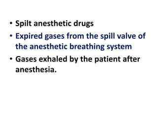 • Spilt anesthetic drugs
• Expired gases from the spill valve of
the anesthetic breathing system
• Gases exhaled by the patient after
anesthesia.
 