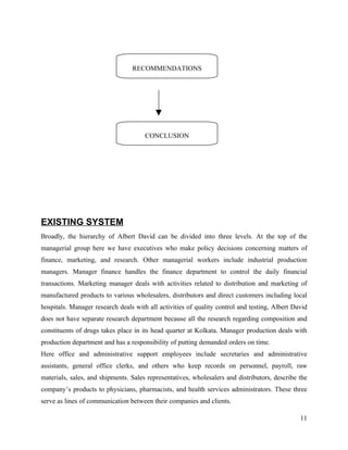 RECOMMENDATIONS




                                      CONCLUSION




EXISTING SYSTEM
Broadly, the hierarchy of Albert David can be divided into three levels. At the top of the
managerial group here we have executives who make policy decisions concerning matters of
finance, marketing, and research. Other managerial workers include industrial production
managers. Manager finance handles the finance department to control the daily financial
transactions. Marketing manager deals with activities related to distribution and marketing of
manufactured products to various wholesalers, distributors and direct customers including local
hospitals. Manager research deals with all activities of quality control and testing, Albert David
does not have separate research department because all the research regarding composition and
constituents of drugs takes place in its head quarter at Kolkata. Manager production deals with
production department and has a responsibility of putting demanded orders on time.
Here office and administrative support employees include secretaries and administrative
assistants, general office clerks, and others who keep records on personnel, payroll, raw
materials, sales, and shipments. Sales representatives, wholesalers and distributors, describe the
company’s products to physicians, pharmacists, and health services administrators. These three
serve as lines of communication between their companies and clients.

                                                                                               11
 