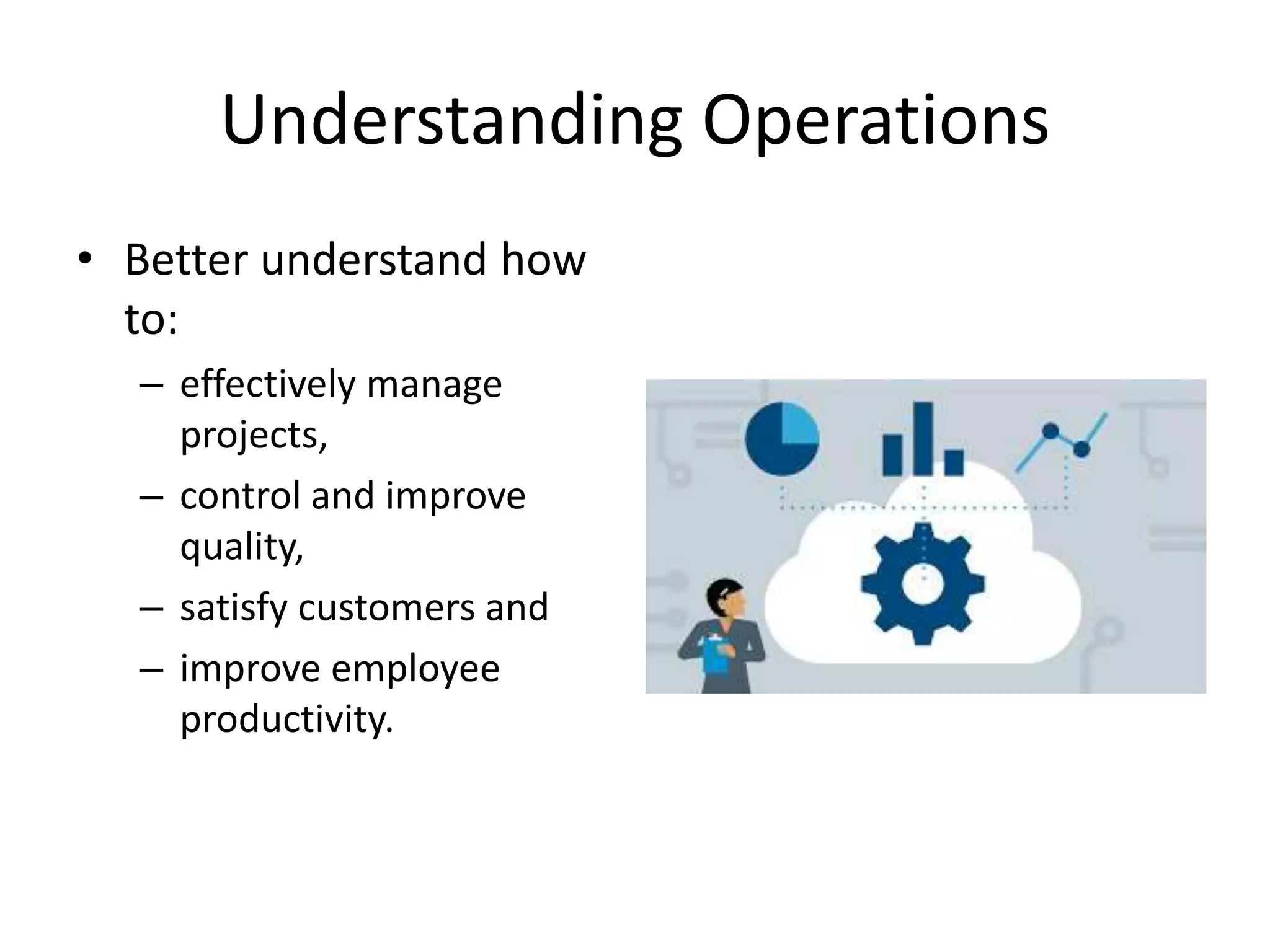 Understanding Operations
• Better understand how
to:
– effectively manage
projects,
– control and improve
quality,
– satisfy customers and
– improve employee
productivity.
 