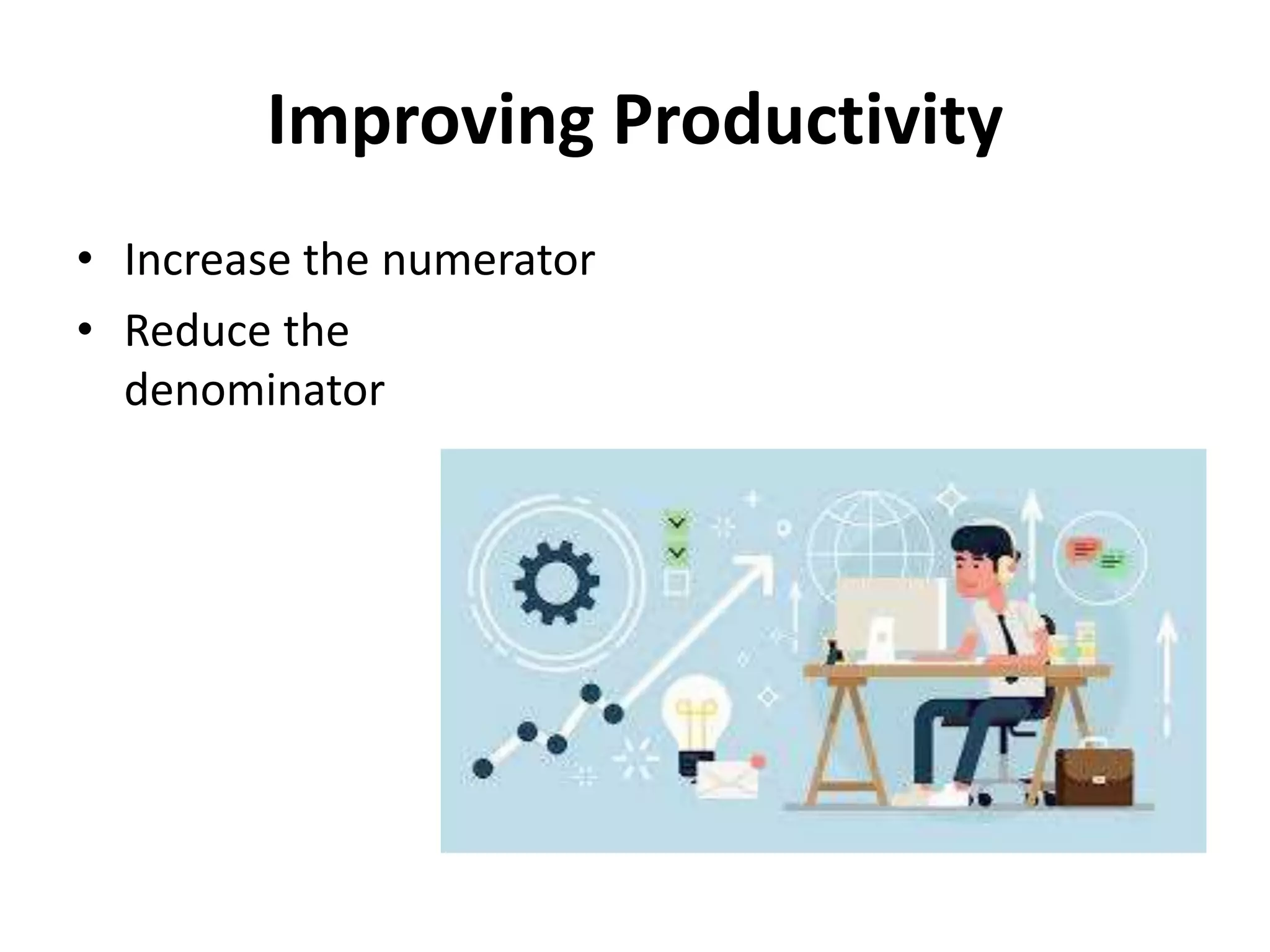 Improving Productivity
• Increase the numerator
• Reduce the
denominator
 