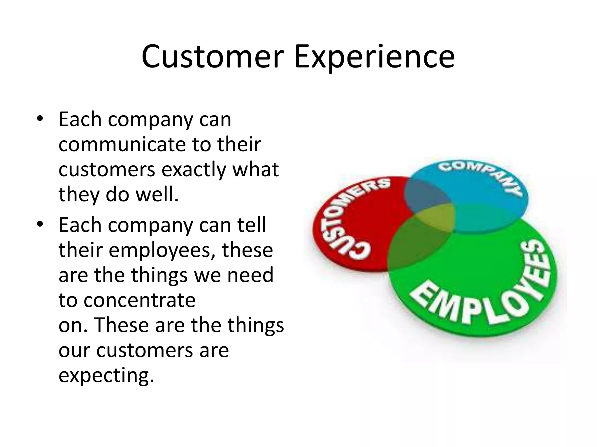 Customer Experience
• Each company can
communicate to their
customers exactly what
they do well.
• Each company can tell
their employees, these
are the things we need
to concentrate
on. These are the things
our customers are
expecting.
 