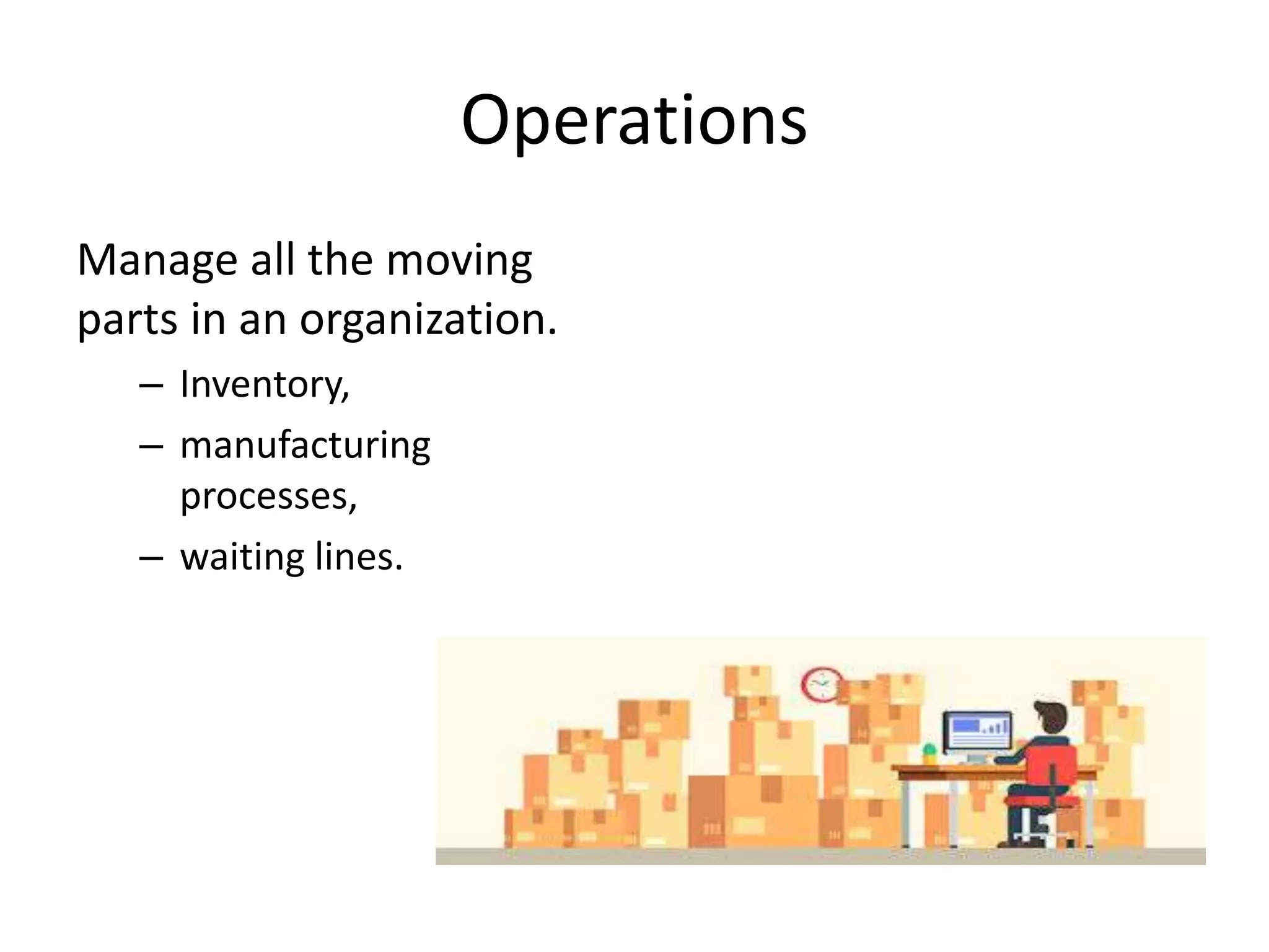 Operations
Manage all the moving
parts in an organization.
– Inventory,
– manufacturing
processes,
– waiting lines.
 