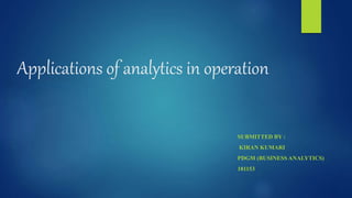 Applications of analytics in operation
SUBMITTED BY :
KIRAN KUMARI
PDGM (BUSINESS ANALYTICS)
181153
 