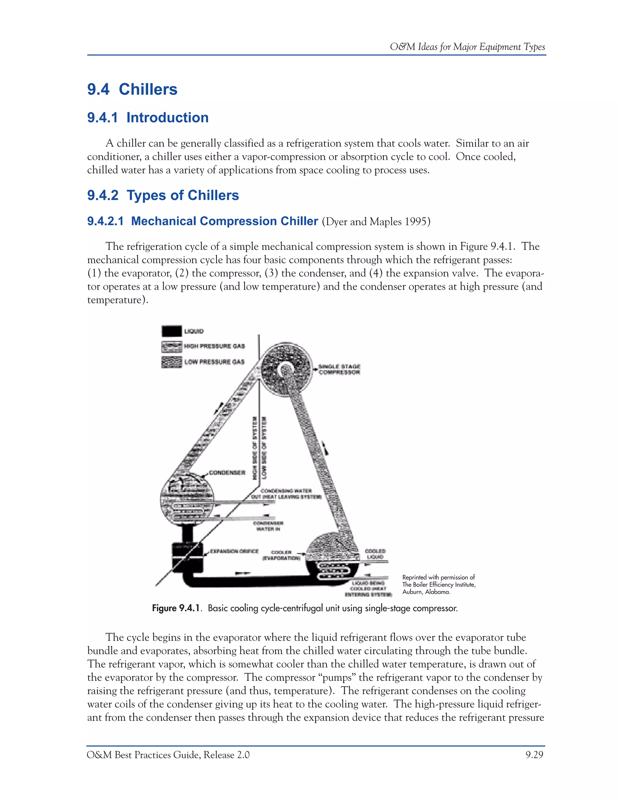 O&M Ideas for Major Equipment Types



9.4 Chillers
9.4.1 Introduction
    A chiller can be generally classified as a refrigeration system that cools water. Similar to an air
conditioner, a chiller uses either a vapor-compression or absorption cycle to cool. Once cooled,
chilled water has a variety of applications from space cooling to process uses.

9.4.2 Types of Chillers
9.4.2.1 Mechanical Compression Chiller (Dyer and Maples 1995)

    The refrigeration cycle of a simple mechanical compression system is shown in Figure 9.4.1. The
mechanical compression cycle has four basic components through which the refrigerant passes:
(1) the evaporator, (2) the compressor, (3) the condenser, and (4) the expansion valve. The evapora-
tor operates at a low pressure (and low temperature) and the condenser operates at high pressure (and
temperature).




                                                                                 Reprinted with permission of
                                                                                 The Boiler Efficiency Institute,
                                                                                 Auburn, Alabama.

               Figure 9.4.1. Basic cooling cycle-centrifugal unit using single-stage compressor.


     The cycle begins in the evaporator where the liquid refrigerant flows over the evaporator tube
bundle and evaporates, absorbing heat from the chilled water circulating through the tube bundle.
The refrigerant vapor, which is somewhat cooler than the chilled water temperature, is drawn out of
the evaporator by the compressor. The compressor “pumps” the refrigerant vapor to the condenser by
raising the refrigerant pressure (and thus, temperature). The refrigerant condenses on the cooling
water coils of the condenser giving up its heat to the cooling water. The high-pressure liquid refriger-
ant from the condenser then passes through the expansion device that reduces the refrigerant pressure


O&M Best Practices Guide, Release 2.0                                                                               9.29
 