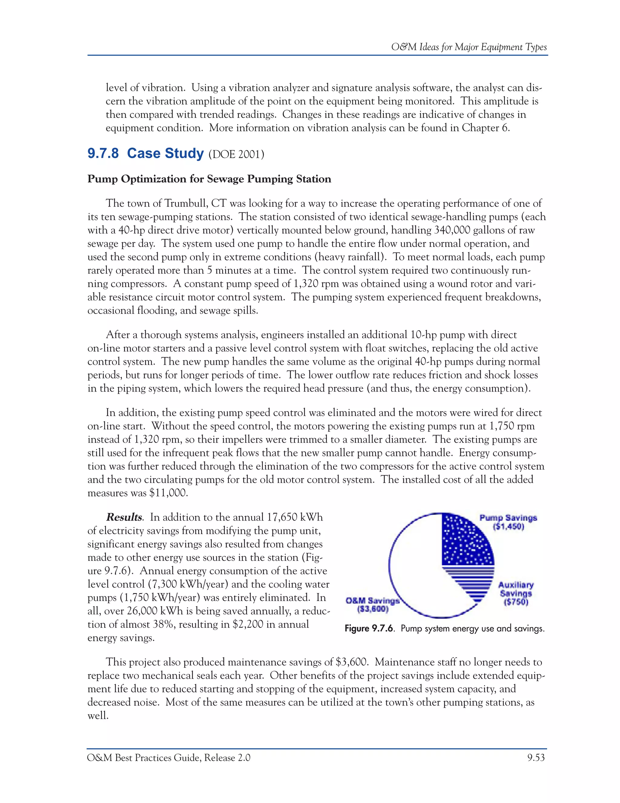 O&M Ideas for Major Equipment Types



    level of vibration. Using a vibration analyzer and signature analysis software, the analyst can dis-
    cern the vibration amplitude of the point on the equipment being monitored. This amplitude is
    then compared with trended readings. Changes in these readings are indicative of changes in
    equipment condition. More information on vibration analysis can be found in Chapter 6.

9.7.8 Case Study (DOE 2001)
Pump Optimization for Sewage Pumping Station

     The town of Trumbull, CT was looking for a way to increase the operating performance of one of
its ten sewage-pumping stations. The station consisted of two identical sewage-handling pumps (each
with a 40-hp direct drive motor) vertically mounted below ground, handling 340,000 gallons of raw
sewage per day. The system used one pump to handle the entire flow under normal operation, and
used the second pump only in extreme conditions (heavy rainfall). To meet normal loads, each pump
rarely operated more than 5 minutes at a time. The control system required two continuously run-
ning compressors. A constant pump speed of 1,320 rpm was obtained using a wound rotor and vari-
able resistance circuit motor control system. The pumping system experienced frequent breakdowns,
occasional flooding, and sewage spills.

    After a thorough systems analysis, engineers installed an additional 10-hp pump with direct
on-line motor starters and a passive level control system with float switches, replacing the old active
control system. The new pump handles the same volume as the original 40-hp pumps during normal
periods, but runs for longer periods of time. The lower outflow rate reduces friction and shock losses
in the piping system, which lowers the required head pressure (and thus, the energy consumption).

      In addition, the existing pump speed control was eliminated and the motors were wired for direct
on-line start. Without the speed control, the motors powering the existing pumps run at 1,750 rpm
instead of 1,320 rpm, so their impellers were trimmed to a smaller diameter. The existing pumps are
still used for the infrequent peak flows that the new smaller pump cannot handle. Energy consump-
tion was further reduced through the elimination of the two compressors for the active control system
and the two circulating pumps for the old motor control system. The installed cost of all the added
measures was $11,000.

     Results. In addition to the annual 17,650 kWh
of electricity savings from modifying the pump unit,
significant energy savings also resulted from changes
made to other energy use sources in the station (Fig-
ure 9.7.6). Annual energy consumption of the active
level control (7,300 kWh/year) and the cooling water
pumps (1,750 kWh/year) was entirely eliminated. In
all, over 26,000 kWh is being saved annually, a reduc-
tion of almost 38%, resulting in $2,200 in annual         Figure 9.7.6. Pump system energy use and savings.
energy savings.

    This project also produced maintenance savings of $3,600. Maintenance staff no longer needs to
replace two mechanical seals each year. Other benefits of the project savings include extended equip-
ment life due to reduced starting and stopping of the equipment, increased system capacity, and
decreased noise. Most of the same measures can be utilized at the town’s other pumping stations, as
well.


O&M Best Practices Guide, Release 2.0                                                                 9.53
 