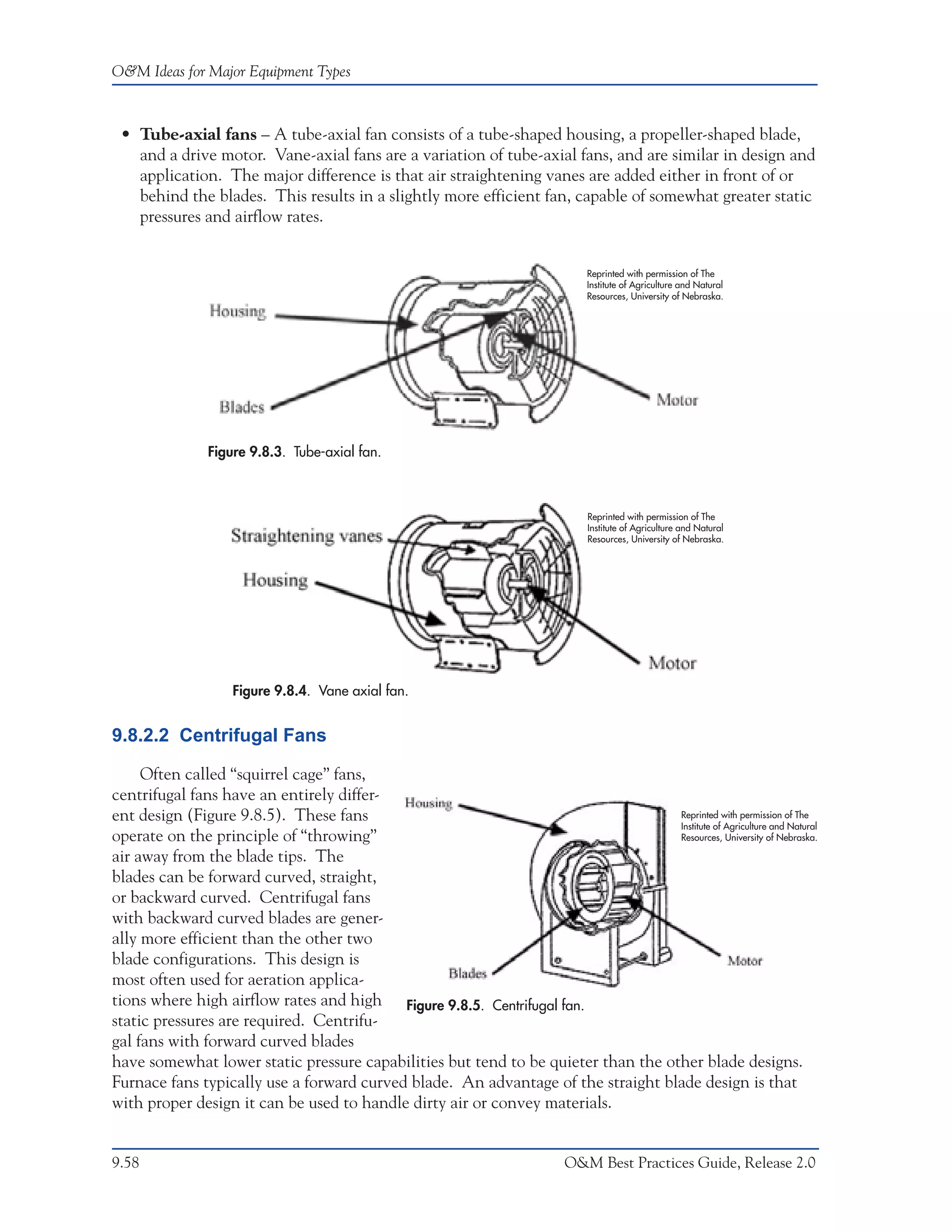 O&M Ideas for Major Equipment Types



 • Tube-axial fans – A tube-axial fan consists of a tube-shaped housing, a propeller-shaped blade,
   and a drive motor. Vane-axial fans are a variation of tube-axial fans, and are similar in design and
   application. The major difference is that air straightening vanes are added either in front of or
   behind the blades. This results in a slightly more efficient fan, capable of somewhat greater static
   pressures and airflow rates.


                                                                                Reprinted with permission of The
                                                                                Institute of Agriculture and Natural
                                                                                Resources, University of Nebraska.




                Figure 9.8.3. Tube-axial fan.



                                                                                Reprinted with permission of The
                                                                                Institute of Agriculture and Natural
                                                                                Resources, University of Nebraska.




                    Figure 9.8.4. Vane axial fan.


9.8.2.2 Centrifugal Fans

     Often called “squirrel cage” fans,
centrifugal fans have an entirely differ-
ent design (Figure 9.8.5). These fans                                              Reprinted with permission of The
                                                                                   Institute of Agriculture and Natural
operate on the principle of “throwing”                                             Resources, University of Nebraska.

air away from the blade tips. The
blades can be forward curved, straight,
or backward curved. Centrifugal fans
with backward curved blades are gener-
ally more efficient than the other two
blade configurations. This design is
most often used for aeration applica-
tions where high airflow rates and high Figure 9.8.5. Centrifugal fan.
static pressures are required. Centrifu-
gal fans with forward curved blades
have somewhat lower static pressure capabilities but tend to be quieter than the other blade designs.
Furnace fans typically use a forward curved blade. An advantage of the straight blade design is that
with proper design it can be used to handle dirty air or convey materials.


9.58                                                                        O&M Best Practices Guide, Release 2.0
 