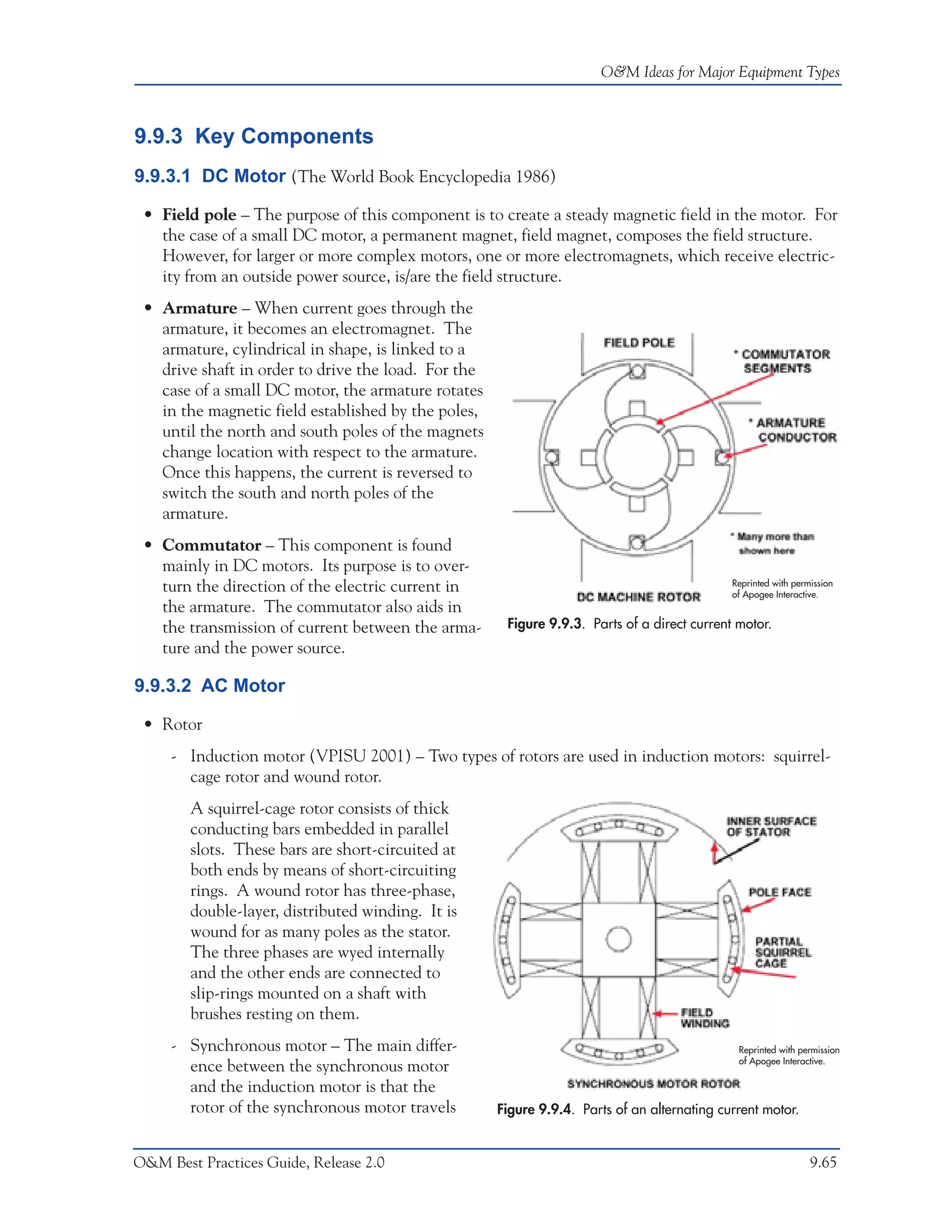 O&M Ideas for Major Equipment Types



9.9.3 Key Components
9.9.3.1 DC Motor (The World Book Encyclopedia 1986)

 • Field pole – The purpose of this component is to create a steady magnetic field in the motor. For
   the case of a small DC motor, a permanent magnet, field magnet, composes the field structure.
   However, for larger or more complex motors, one or more electromagnets, which receive electric-
   ity from an outside power source, is/are the field structure.
 • Armature – When current goes through the
   armature, it becomes an electromagnet. The
   armature, cylindrical in shape, is linked to a
   drive shaft in order to drive the load. For the
   case of a small DC motor, the armature rotates
   in the magnetic field established by the poles,
   until the north and south poles of the magnets
   change location with respect to the armature.
   Once this happens, the current is reversed to
   switch the south and north poles of the
   armature.
 • Commutator – This component is found
   mainly in DC motors. Its purpose is to over-
                                                                                             Reprinted with permission
   turn the direction of the electric current in                                             of Apogee Interactive.
   the armature. The commutator also aids in
   the transmission of current between the arma-      Figure 9.9.3. Parts of a direct current motor.
   ture and the power source.

9.9.3.2 AC Motor

 • Rotor
     - Induction motor (VPISU 2001) – Two types of rotors are used in induction motors: squirrel-
       cage rotor and wound rotor.
        A squirrel-cage rotor consists of thick
        conducting bars embedded in parallel
        slots. These bars are short-circuited at
        both ends by means of short-circuiting
        rings. A wound rotor has three-phase,
        double-layer, distributed winding. It is
        wound for as many poles as the stator.
        The three phases are wyed internally
        and the other ends are connected to
        slip-rings mounted on a shaft with
        brushes resting on them.
     - Synchronous motor – The main differ-                                                   Reprinted with permission
                                                                                              of Apogee Interactive.
       ence between the synchronous motor
       and the induction motor is that the
       rotor of the synchronous motor travels        Figure 9.9.4. Parts of an alternating current motor.


O&M Best Practices Guide, Release 2.0                                                                           9.65
 