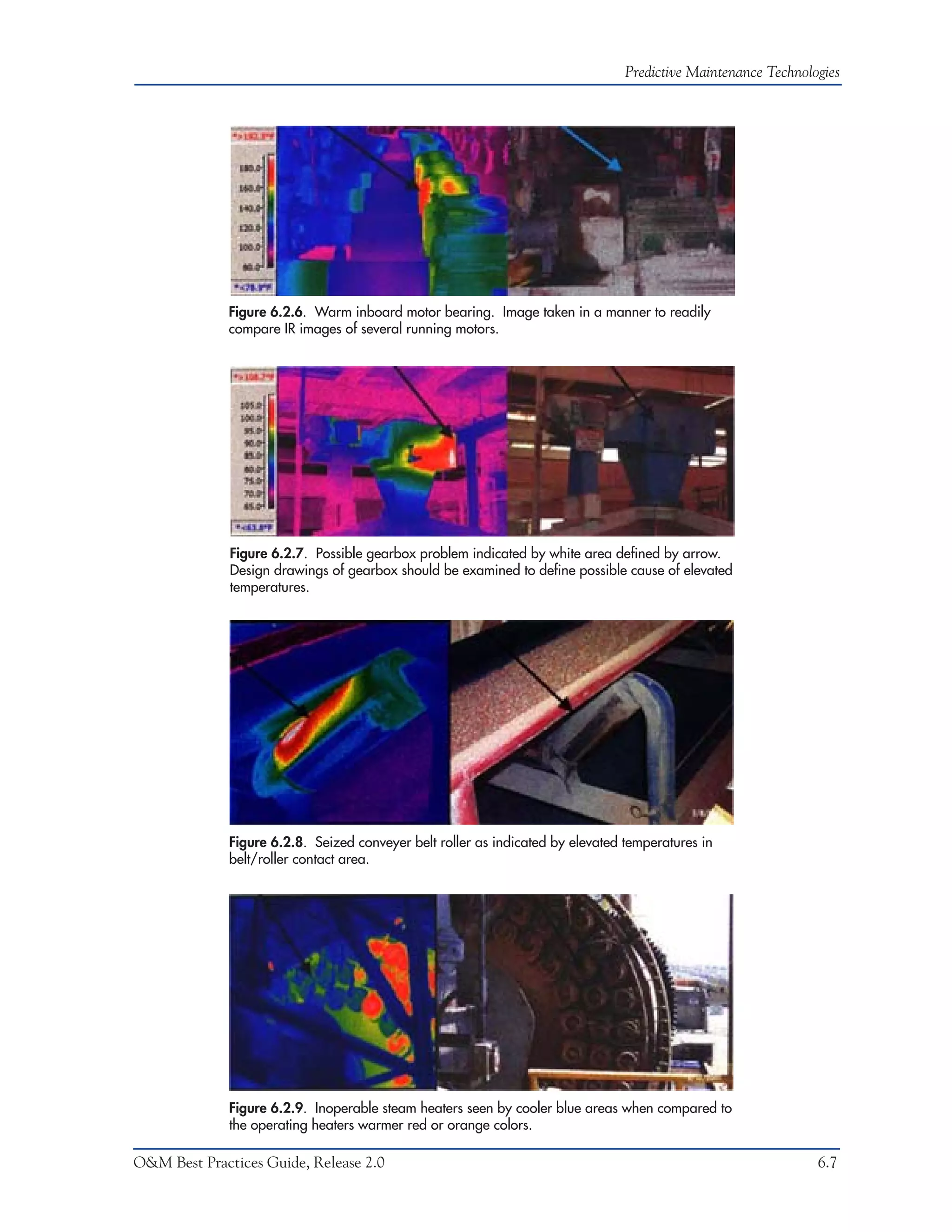 Predictive Maintenance Technologies




              Figure 6.2.6. Warm inboard motor bearing. Image taken in a manner to readily
              compare IR images of several running motors.




              Figure 6.2.7. Possible gearbox problem indicated by white area defined by arrow.
              Design drawings of gearbox should be examined to define possible cause of elevated
              temperatures.




              Figure 6.2.8. Seized conveyer belt roller as indicated by elevated temperatures in
              belt/roller contact area.




              Figure 6.2.9. Inoperable steam heaters seen by cooler blue areas when compared to
              the operating heaters warmer red or orange colors.

O&M Best Practices Guide, Release 2.0                                                                           6.7
 