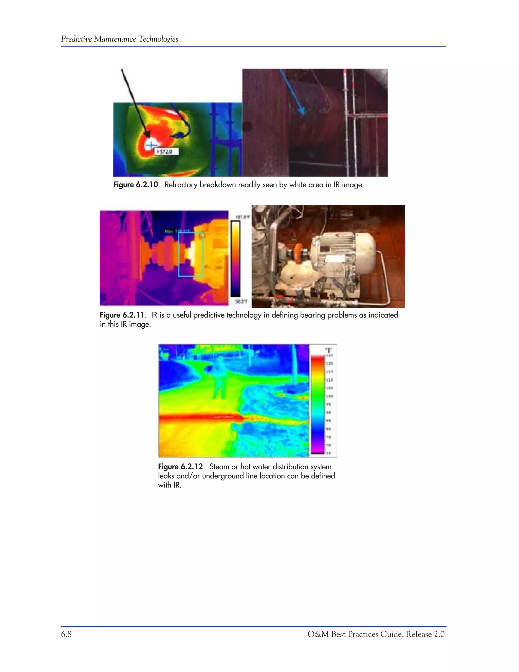 Predictive Maintenance Technologies




               Figure 6.2.10. Refractory breakdown readily seen by white area in IR image.




           Figure 6.2.11. IR is a useful predictive technology in defining bearing problems as indicated
           in this IR image.




                             Figure 6.2.12. Steam or hot water distribution system
                             leaks and/or underground line location can be defined
                             with IR.




6.8                                                                        O&M Best Practices Guide, Release 2.0
 