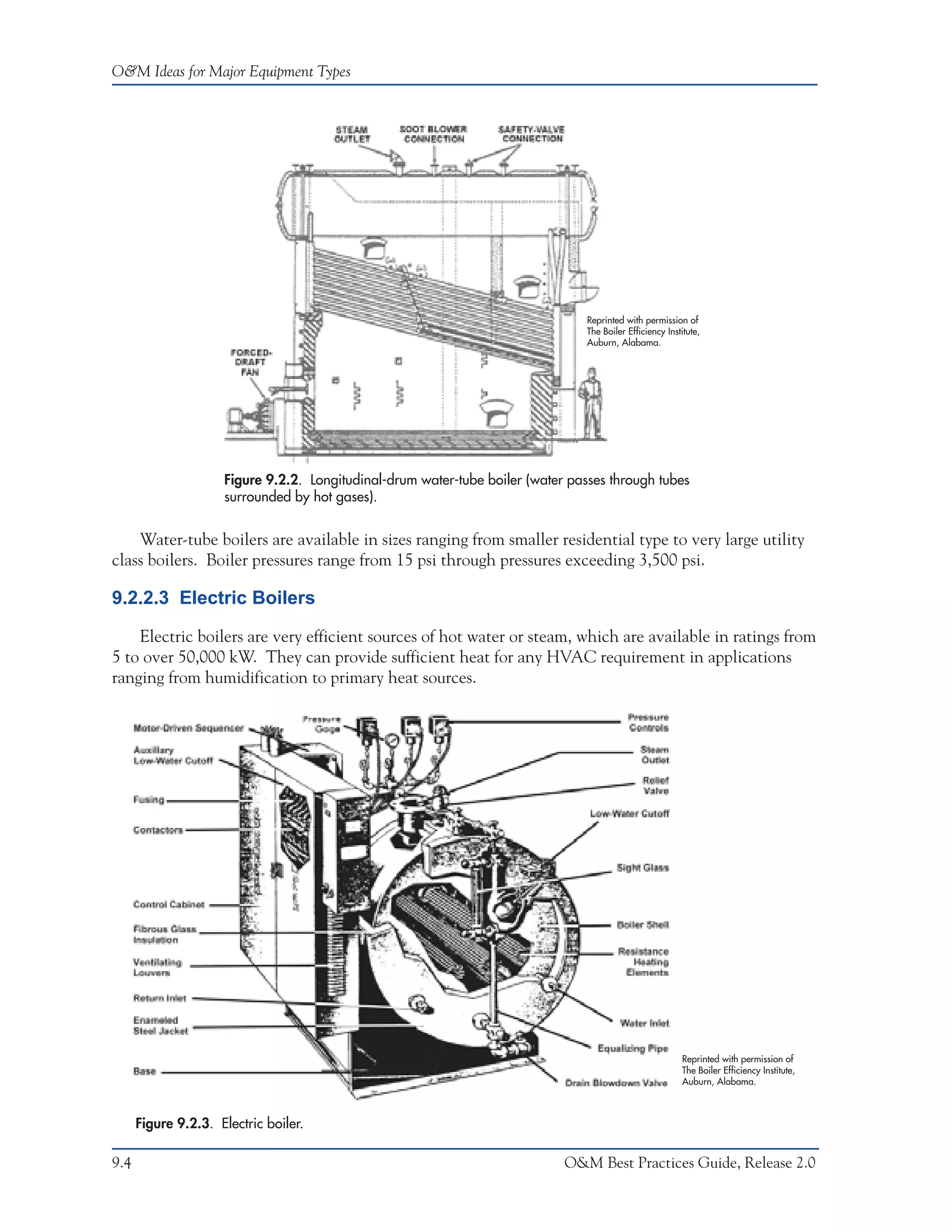 O&M Ideas for Major Equipment Types




                                                                                 Reprinted with permission of
                                                                                 The Boiler Efficiency Institute,
                                                                                 Auburn, Alabama.




                     Figure 9.2.2. Longitudinal-drum water-tube boiler (water passes through tubes
                     surrounded by hot gases).


    Water-tube boilers are available in sizes ranging from smaller residential type to very large utility
class boilers. Boiler pressures range from 15 psi through pressures exceeding 3,500 psi.

9.2.2.3 Electric Boilers

    Electric boilers are very efficient sources of hot water or steam, which are available in ratings from
5 to over 50,000 kW. They can provide sufficient heat for any HVAC requirement in applications
ranging from humidification to primary heat sources.




                                                                                                           Reprinted with permission of
                                                                                                           The Boiler Efficiency Institute,
                                                                                                           Auburn, Alabama.



      Figure 9.2.3. Electric boiler.

9.4                                                                          O&M Best Practices Guide, Release 2.0
 