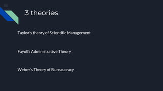 3 theories
Taylor’s theory of Scientific Management
Fayol’s Administrative Theory
Weber’s Theory of Bureaucracy
 