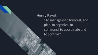 Henry Fayol.
"To manage is to forecast, and
plan, to organize, to
command, to coordinate and
to control."
 